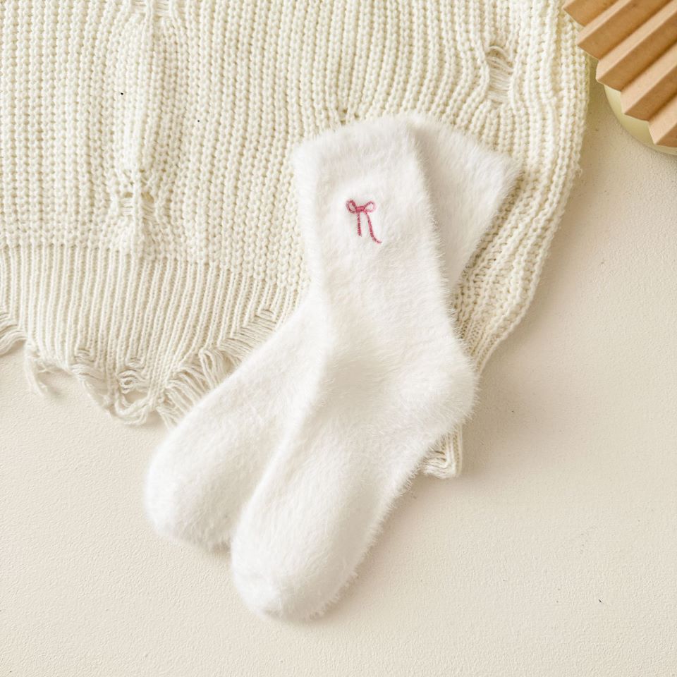 Winter Bow Embroidered Thick Plush Crew Socks