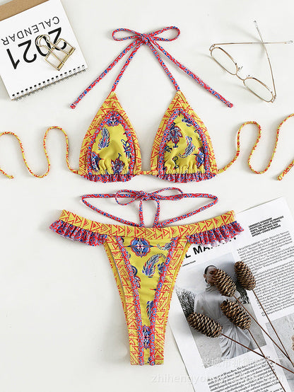 Halter Swimsuit Yellow Tie Bikini Three Point Swimsuit