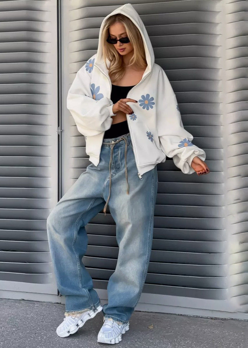 Oversized Hoodie With Floral Daisy Print
