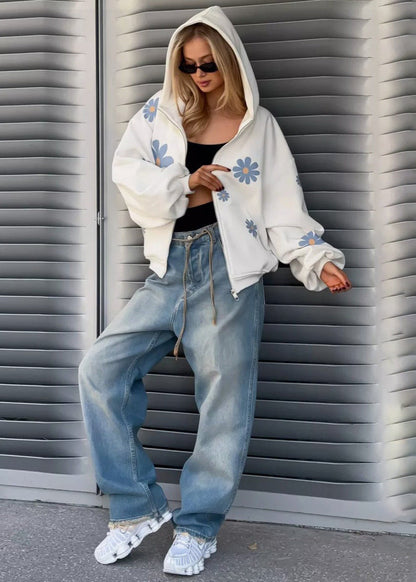 Oversized Hoodie With Floral Daisy Print