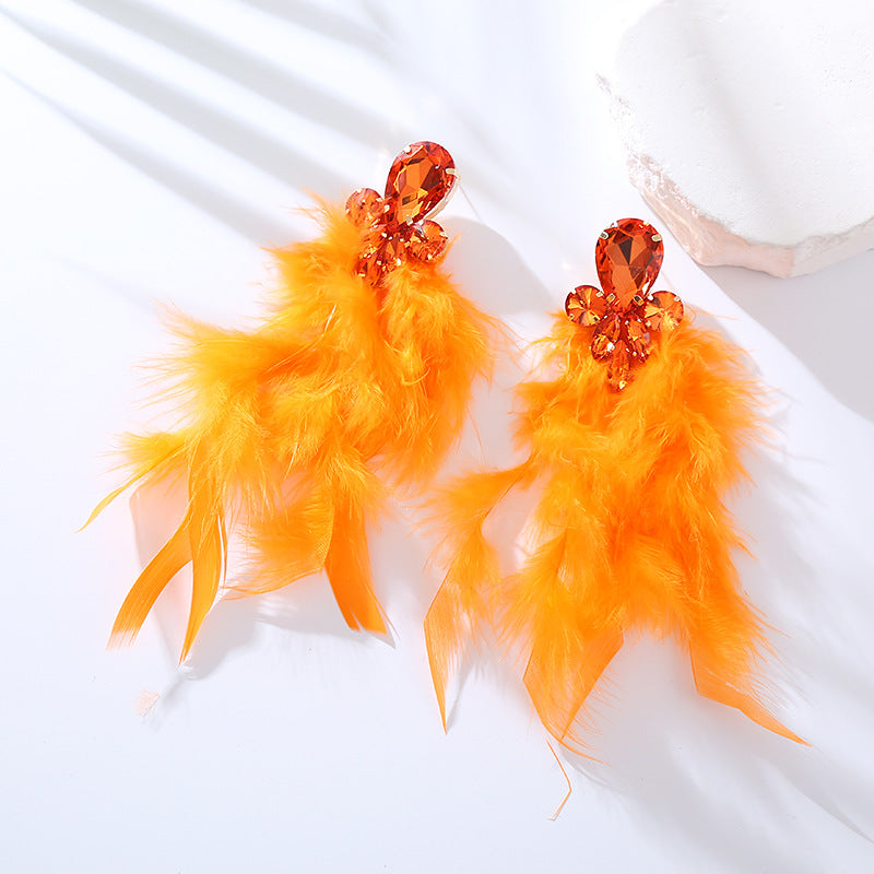 Feather Long Earrings with Rhinestones Stylish Geometry Design