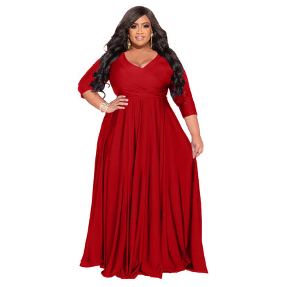 Plus Size Solid Color V-Neck Elegant Long Dress