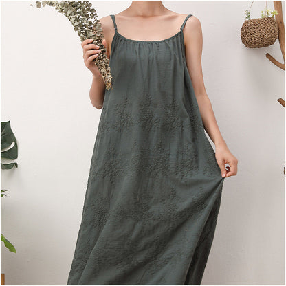 Solid Color Dress Embroidered Loose Waist Suspender Bottom Cotton Linen Maxi Skirt