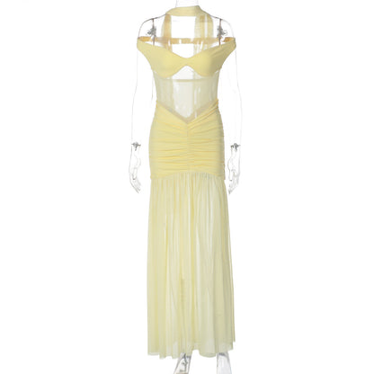 Elegant Sheer Mesh Bodycon Maxi Dress with Off-Shoulder Design