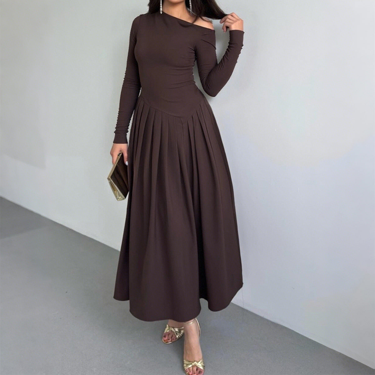 Elegant High Waist Long Sleeve Maxi Dress for Women