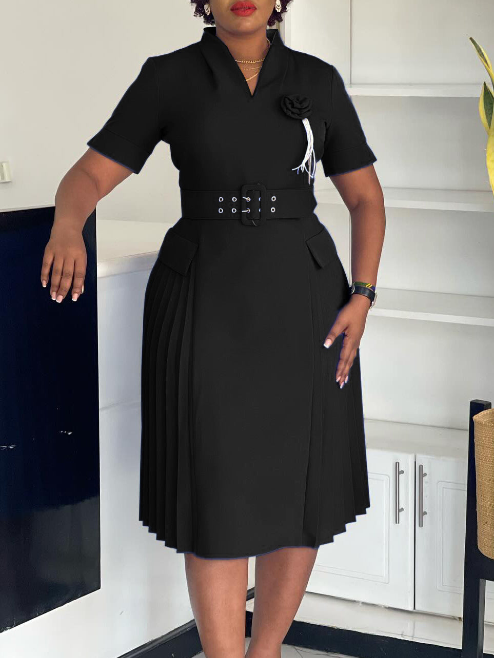 V-Neck A-Line Dress With High Waist And Ruffle Detail