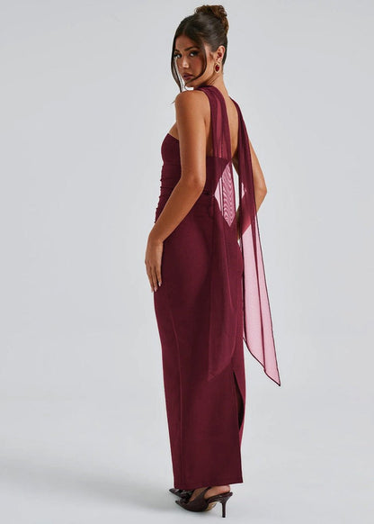 Maxi Dress Stretch Fabric Halter Neckline Burgundy