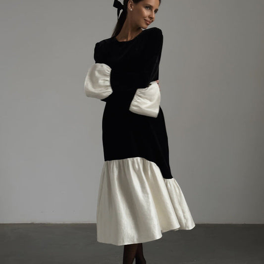 French Style Color-Blocked Long Sleeve Dress