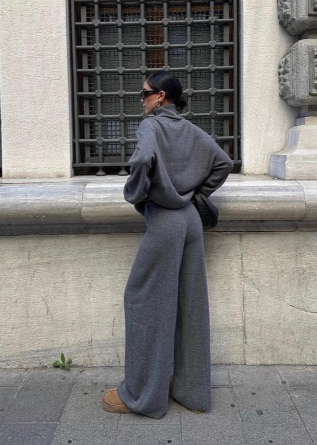 Charcoal Knitwear Set With High Neck And Wide Leg Trousers