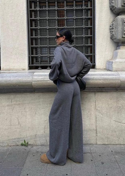 Charcoal Knitwear Set With High Neck And Wide Leg Trousers