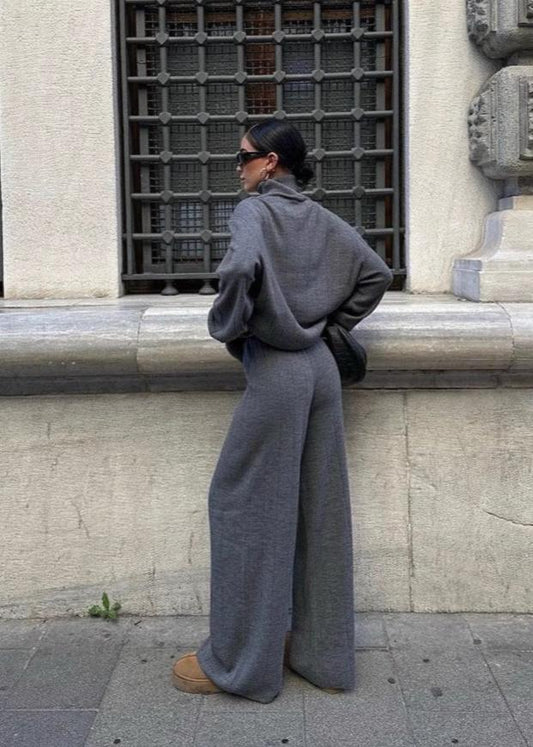 Charcoal Knitwear Set With High Neck And Wide Leg Trousers