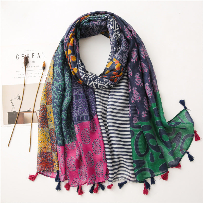 Japanese Literary And Artistic Fresh Cotton And Linen Scarf Retro Patchwork Bohemian Cashew Print Silk Scarf Beautiful Sunscreen Scarf
