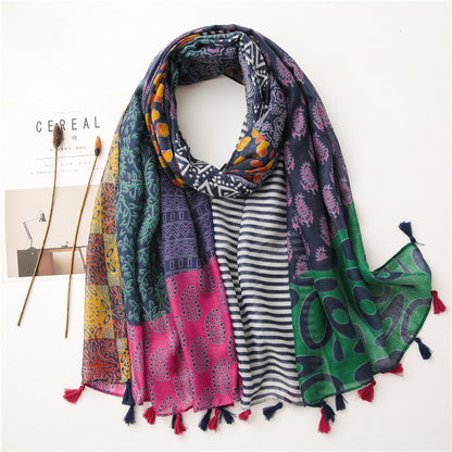Japanese Literary And Artistic Fresh Cotton And Linen Scarf Retro Patchwork Bohemian Cashew Print Silk Scarf Beautiful Sunscreen Scarf