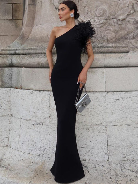 Elegant One-Shoulder Feathered Maxi Dress