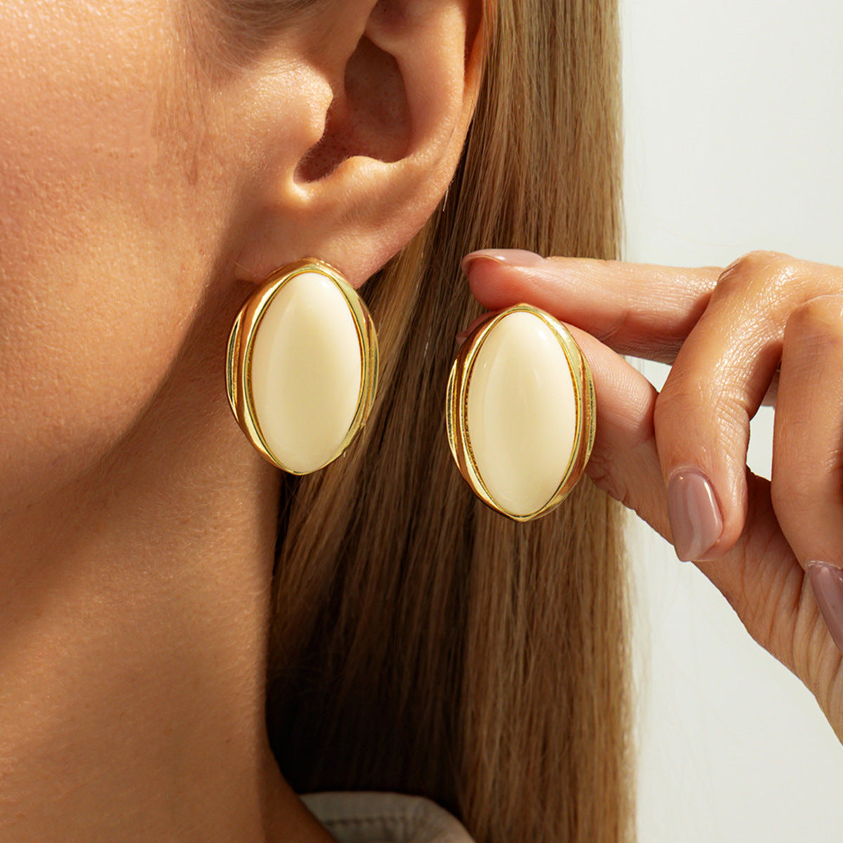 Geometric Tiger Eye Stone Earrings Trendy Alloy Metal Studs
