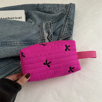 Cute Bow Embroidery Portable Puffer Cosmetic Bag