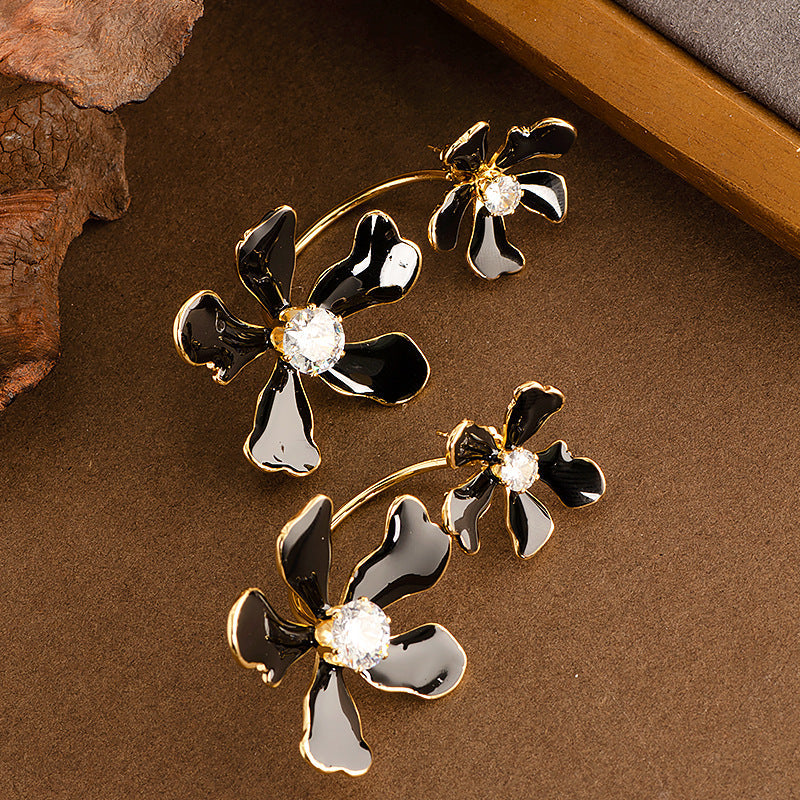 Exaggerated Floral Drop Earrings With Rhinestones For Women