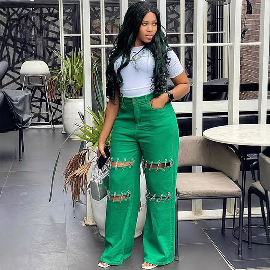 High-Waisted Denim Pants With Chain Details For Women