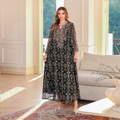 Embroidered Muslim Maxi Dress Elegant Abaya for Ladies