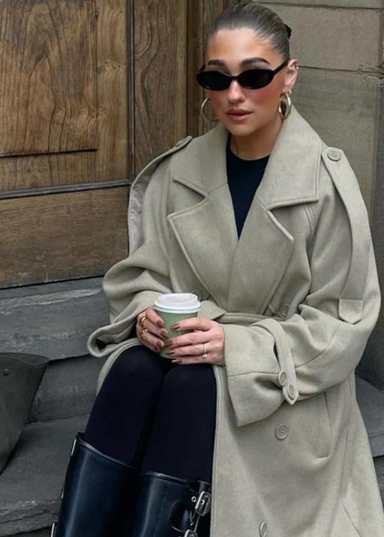 Oversized Wool Blend Coat With Waist Tie