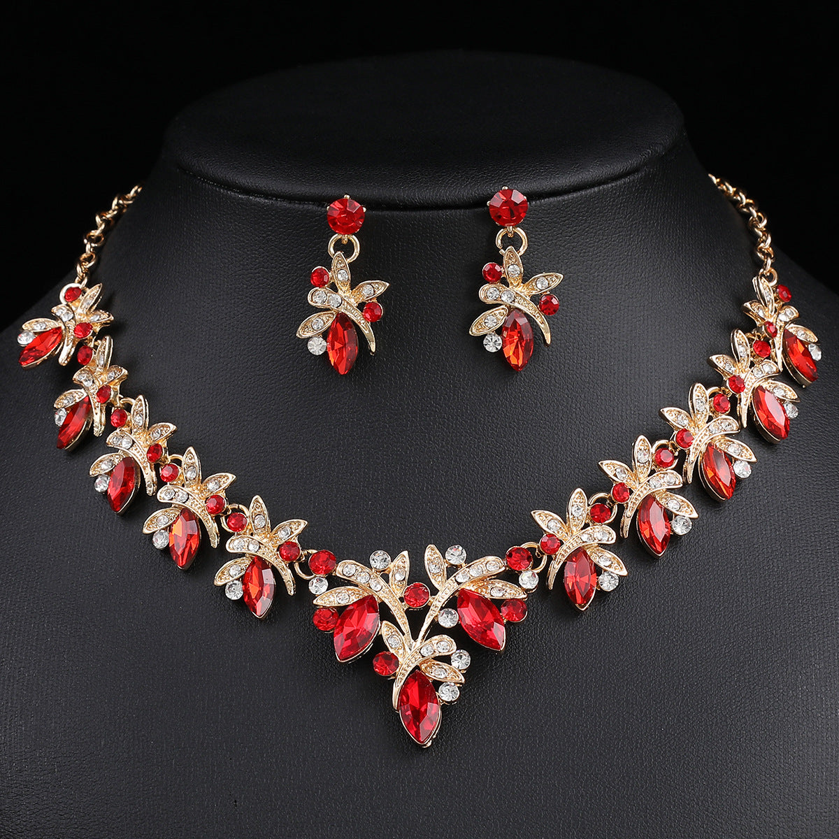 Dragonfly Jewelry Set - Alloy And Crystal Earrings And Necklace