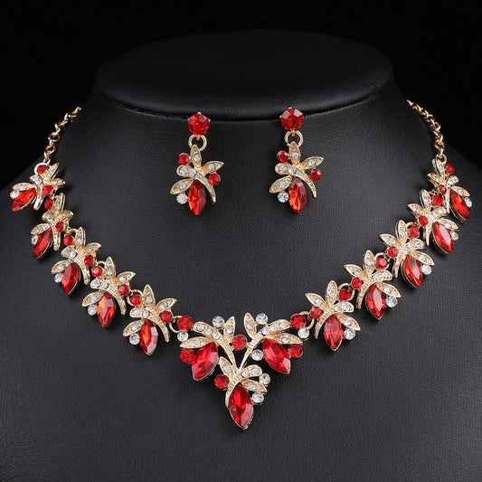 Dragonfly Jewelry Set - Alloy And Crystal Earrings And Necklace