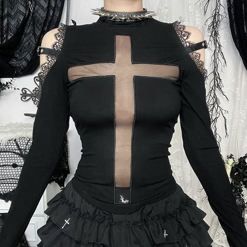 Cross Print Sheer Long Sleeve Top Black Casual Chic