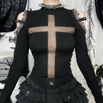 Cross Print Sheer Long Sleeve Top Black Casual Chic