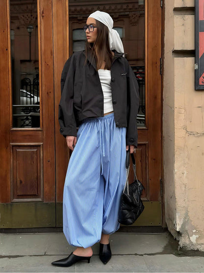 Trendy Striped Lantern Pants Comfortable Casual Trousers