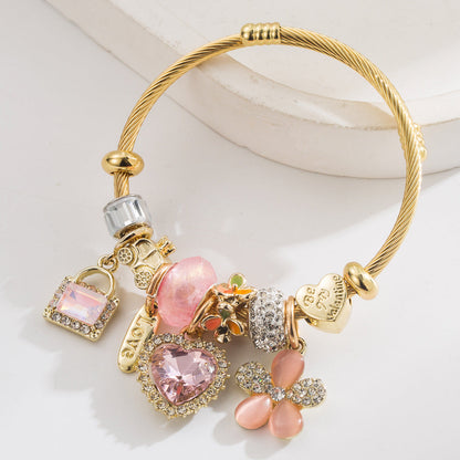 Stylish Heart Pendant Stainless Steel Bracelet with Beads