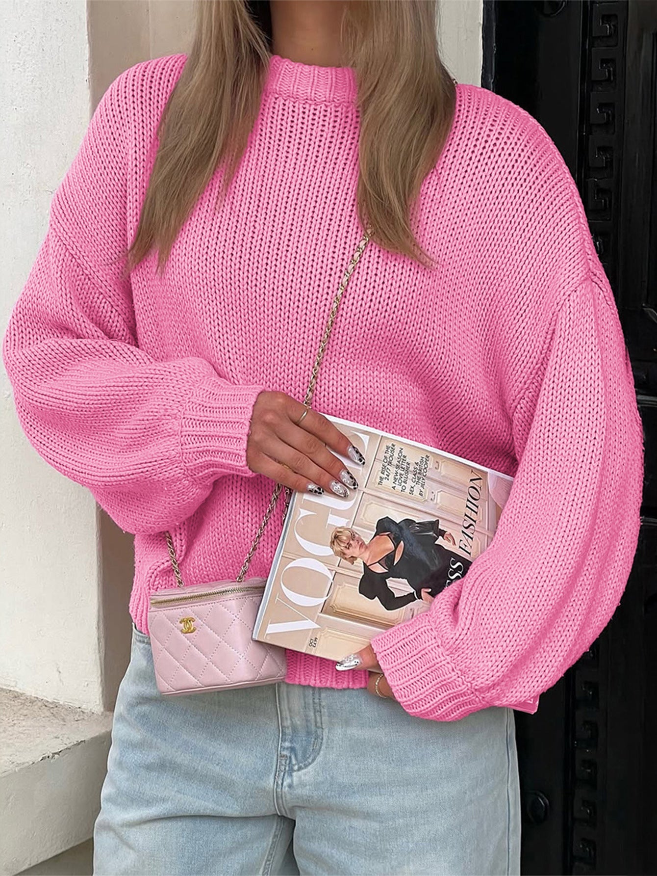 Casual Loose Fit Round Neck Long Sleeve Sweater for Women