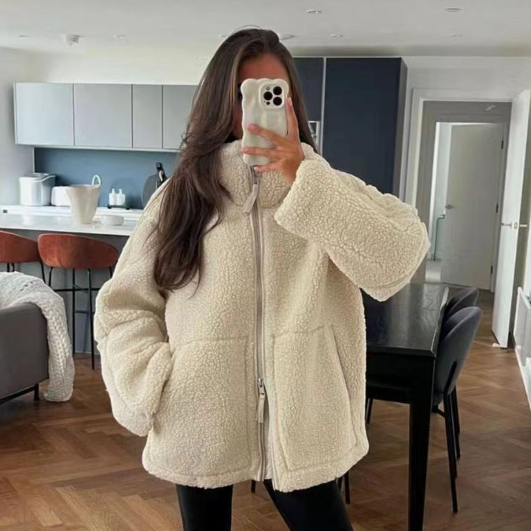 Solid Color Zipper Teddy Fleece Loose Jacket
