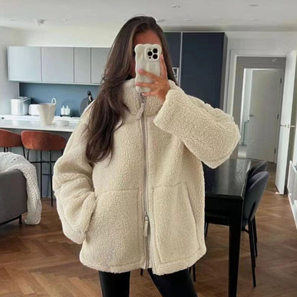 Solid Color Zipper Teddy Fleece Loose Jacket