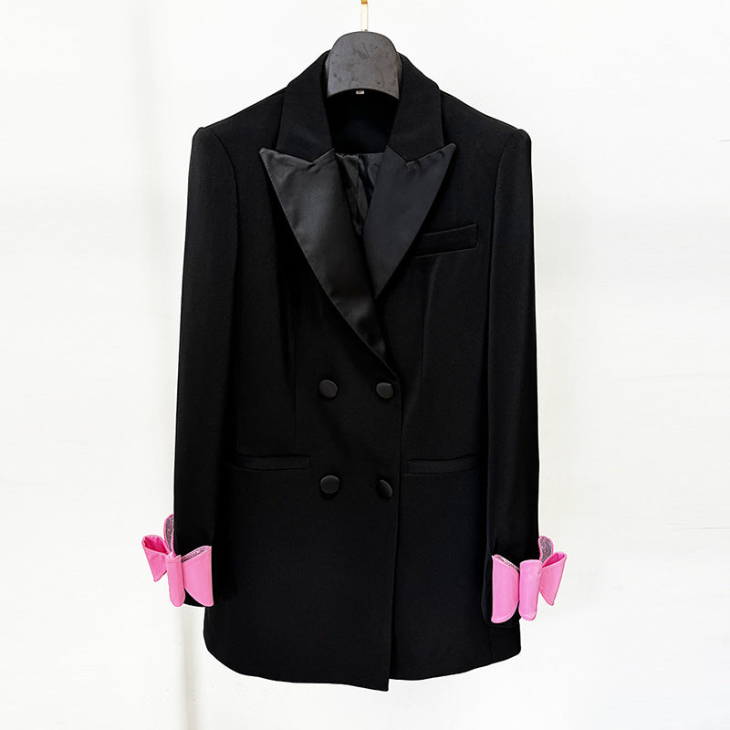 Double-Breasted Satin Long Blazer With Bow Tie