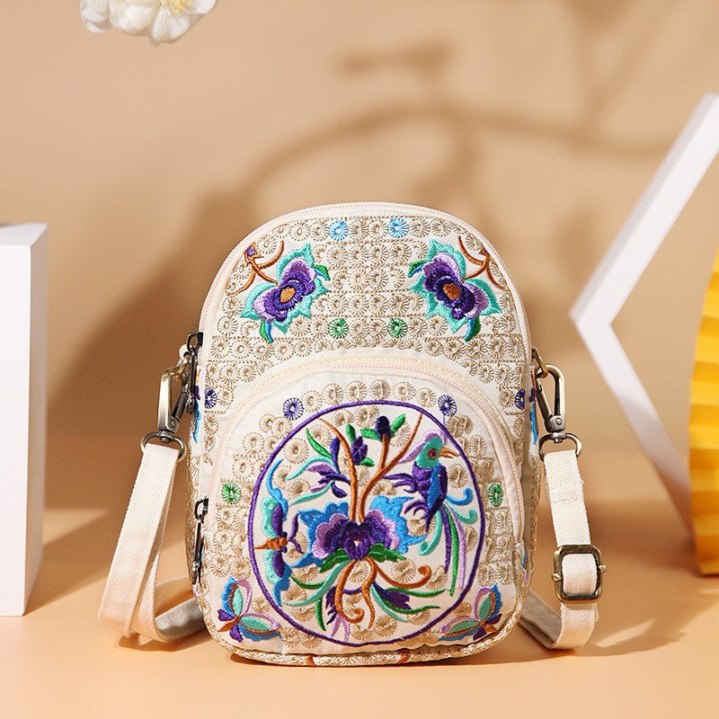 Embroidered Double-Layer 7-Inch Large-Screen Mobile Phone Bag Crossbody Bag Female Canvas Small Bag
