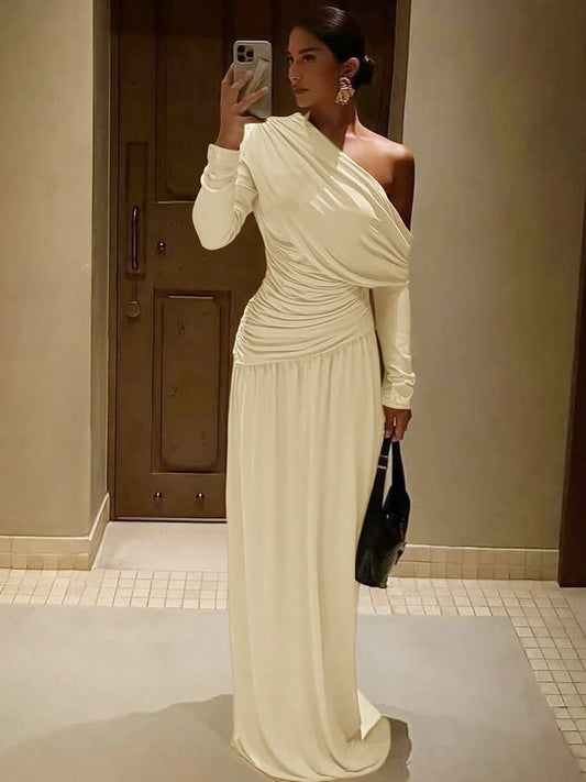 Elegant Off-Shoulder Solid Color Dress with Ruched Waist