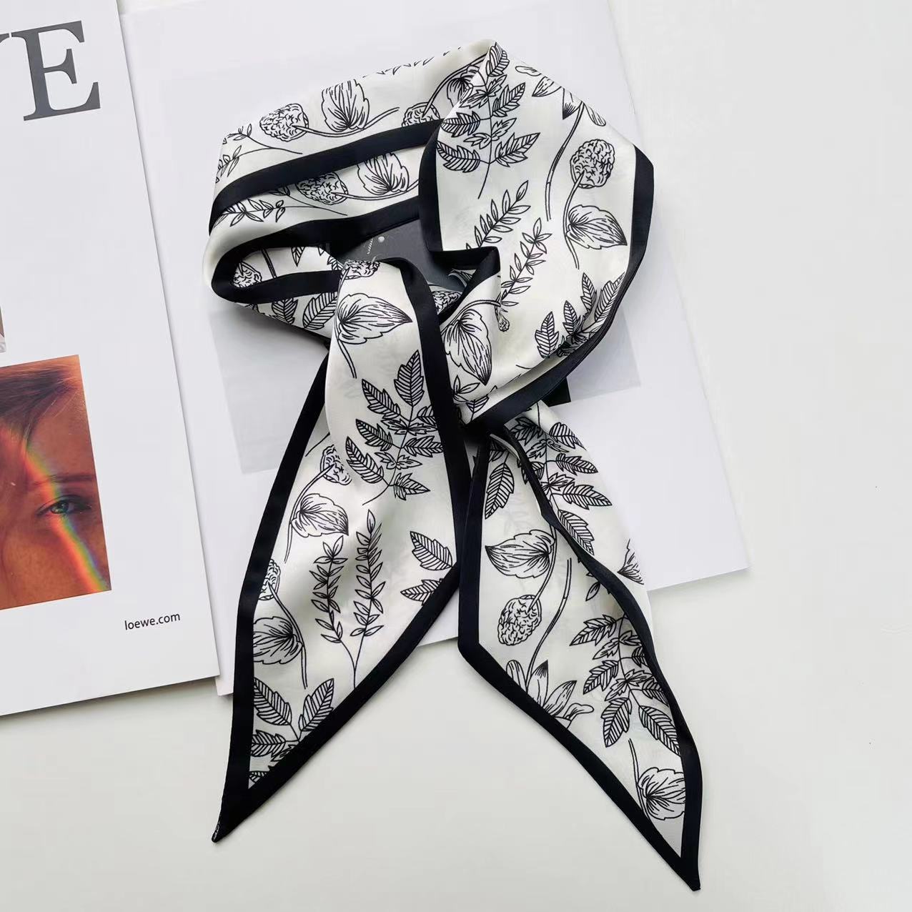 Print Narrow Long Satin Silk-Feel Scarf
