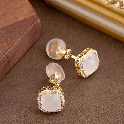 Elegant Gold Clover Clip-On Earrings With Rhinestones