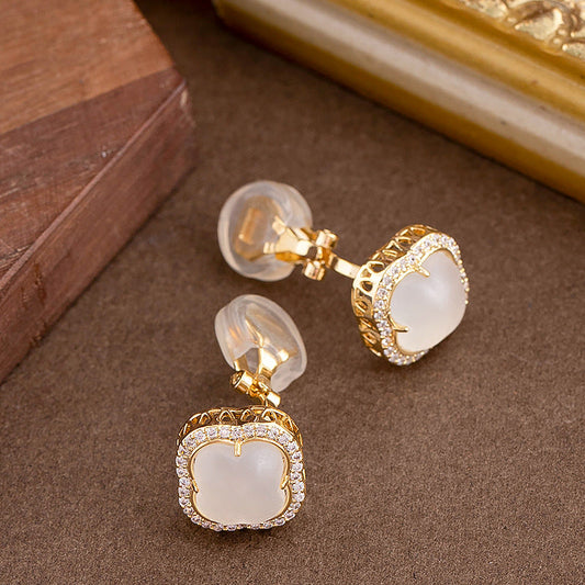 Elegant Gold Clover Clip-On Earrings With Rhinestones