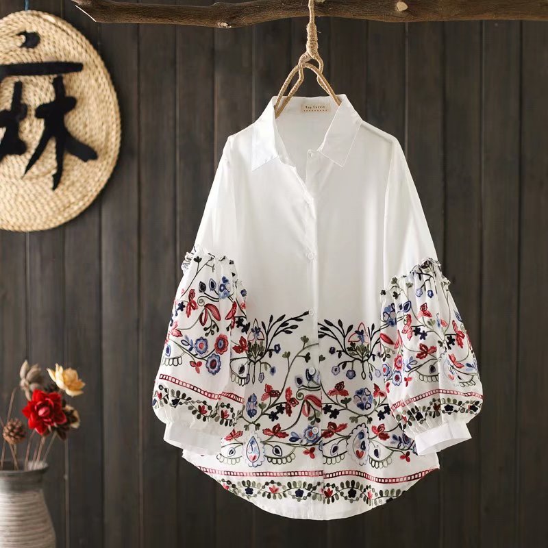 National Style Heavy Industry Embroidered White Shirt
