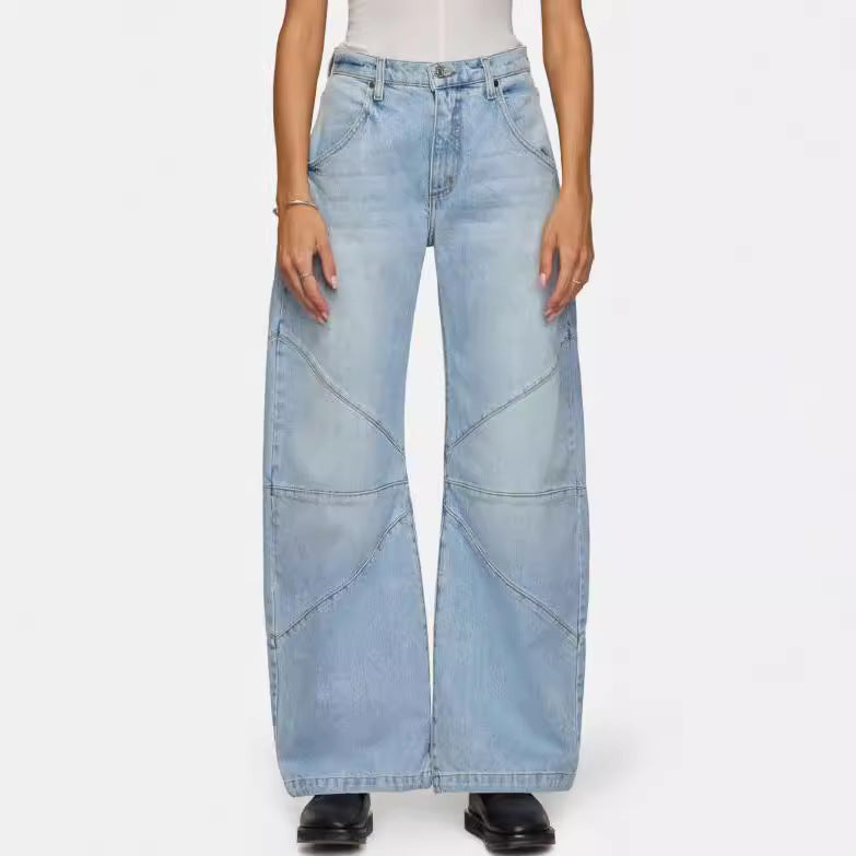 Trendy Pleated Splice Straight Leg Baggy Jeans