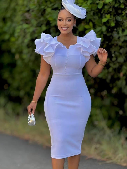 Elegant V-Neck Pearl Detail Bodycon Dress