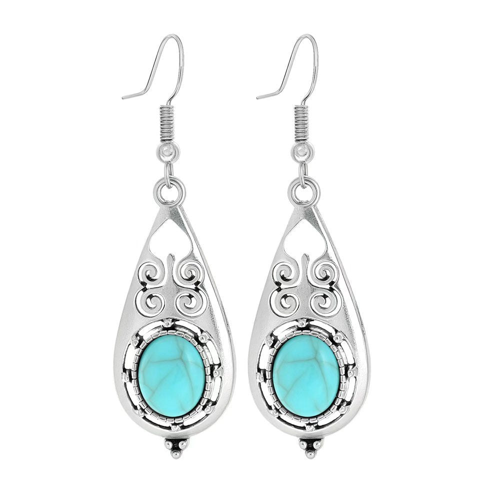 Simple Tribal Flower Teardrop Circle Turquoise Earring Set