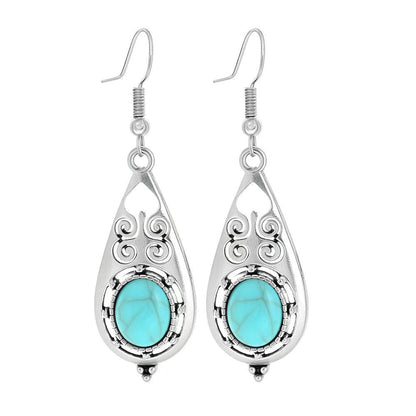 Simple Tribal Flower Teardrop Circle Turquoise Earring Set