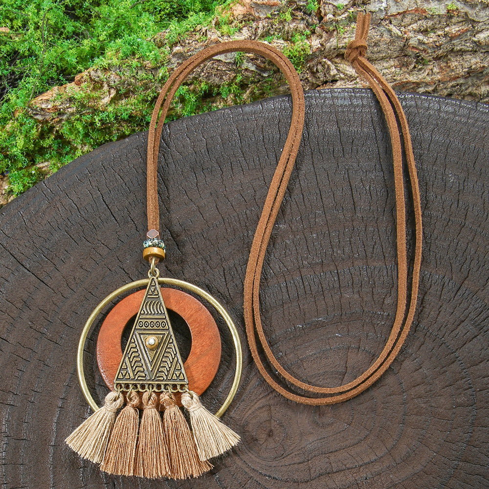 Bohemian Long Necklace with Tassels and Geometric Shapes