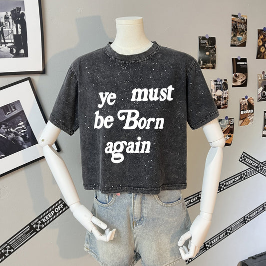 Teesher - Cropped Black Star &amp; Letter Print T-Shirt