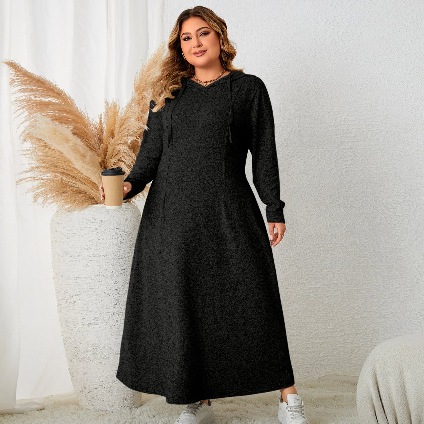 Casual Hooded Plus Size Dress Floral Print Polyester Elegant A-Line