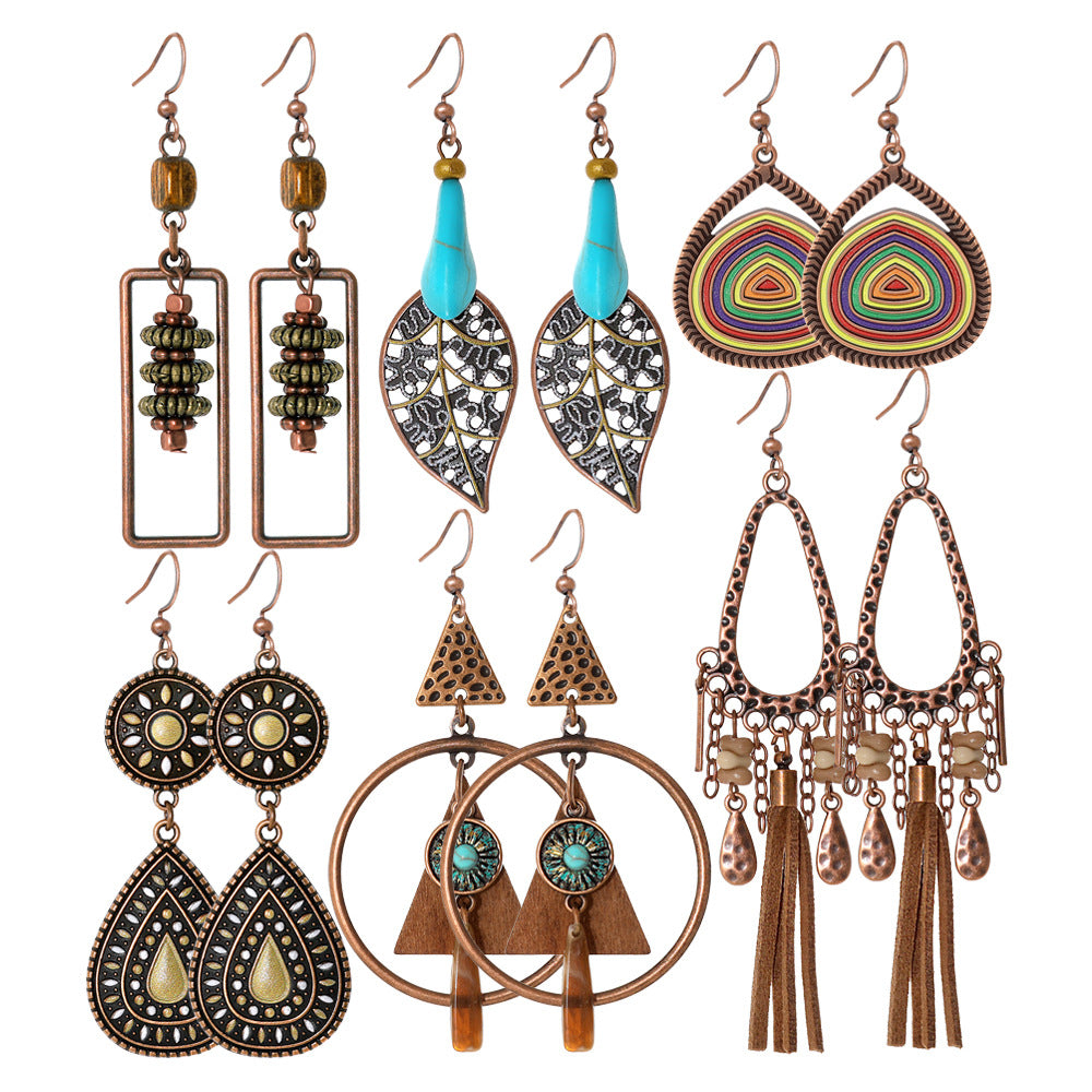 Vintage Ethnic Tassel Earrings Set - 12 Pairs Fashionable Boho Accessories