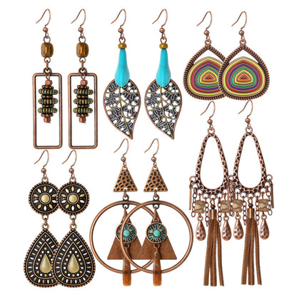 Vintage Ethnic Tassel Earrings Set - 12 Pairs Fashionable Boho Accessories