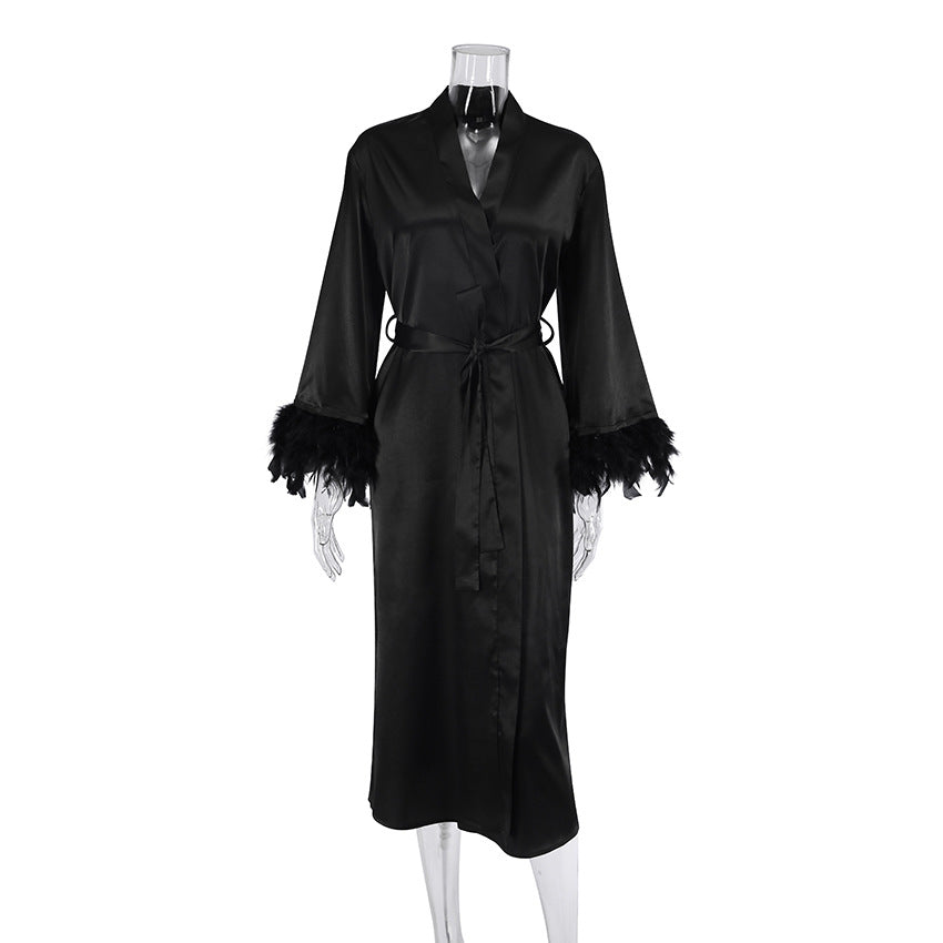 Feather Loose Waist Tie Long Dress